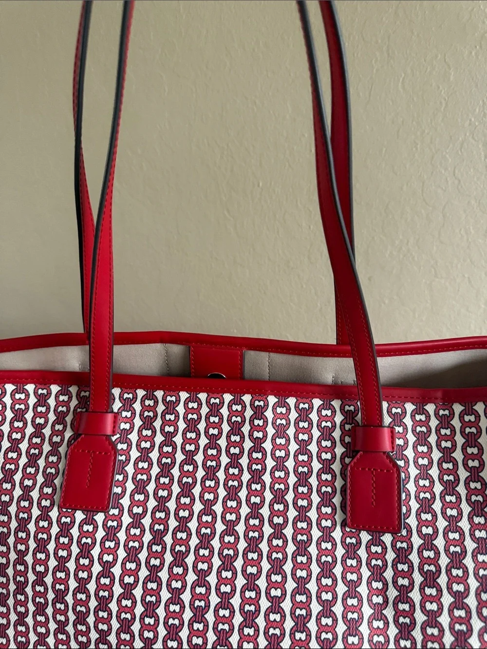 Tory Burch Gemini Link Canvas Tote Bag Red White Striped Like New